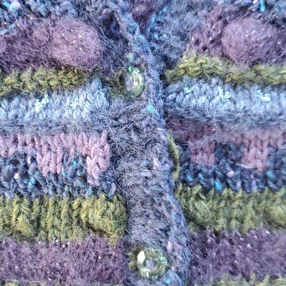 HANDMADE HANDKNIT SWEATER VEST BUTTON UP BLUE PURPLE GREEN TEXTURED SMALL - Picture 6 of 10
